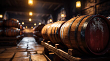Perspective Of Vintage Wooden Barrels Stored In Dark Wine Cellar, Old Brown Oak Casks In Storage Of Winery. Concept Of Vineyard, Viticulture, Production, Wood, Warehouse, Winemaking