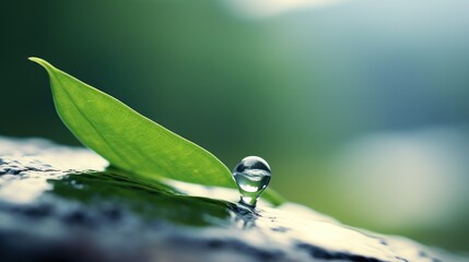 Wall Mural -  a drop of water sitting on top of a leaf on top of a piece of green leaf covered in drops of water.