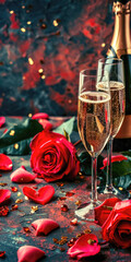 Valentine's day background with glasses of champagne and roses