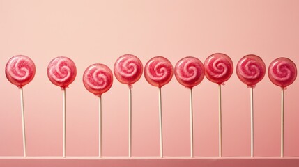 Sticker -  a row of pink lollipops sitting on top of each other on top of a wooden stick in front of a pink wall.