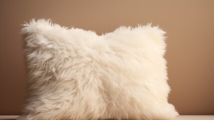 Poster -  a fluffy white pillow sitting on top of a wooden table next to a brown wall and a brown wall behind it.