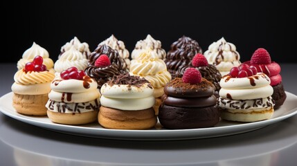 Sticker -  a white plate topped with lots of cupcakes covered in frosting and topped with fresh raspberries.