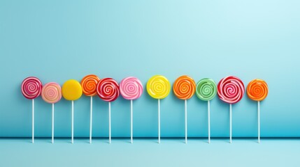 Poster -  a row of lollipops sitting on top of each other on top of a blue table next to each other.