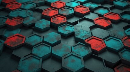 Poster - Background of turquoise-orange hexagons. AI generative.