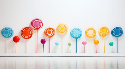 Poster -  a row of colorful lollipops sitting on top of a white counter top next to a white wall.