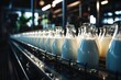 Dairy. Row of bottles with pasteurized milk on conveyor belt. Dairy plant conveyor fills and packs bottles of glass milk. Conveyor is an automatic product line with a dairy plant.