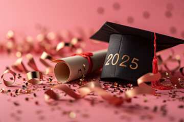 Wall Mural - Graduation cap and diploma on a pink background with festive ribbons, symbolizing a milestone in educational achievements. year 2025
