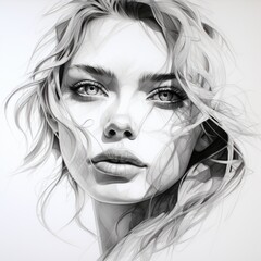 Wall Mural -  a black and white photo of a woman's face with hair blowing in the wind and her eyes closed.