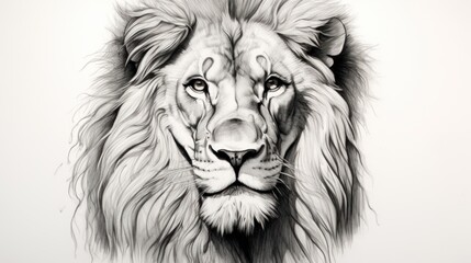 Poster -  a black and white drawing of a lion's face with a long mane and large, round, round eyes.