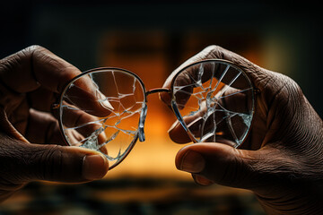 Poster - a person holding a broken eyeglass frame, illustrating the challenges of dealing with broken glasses