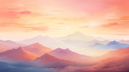 Poster -  a painting of a sunset over a mountain range with a pink and blue sky in the background and clouds in the foreground.