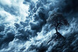 An image showcasing the stark contrast between a solitary tree's silhouette and the deep, foreboding hues of dark clouds, a dramatic interplay of light and shado