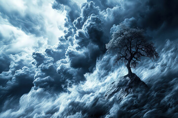 Wall Mural - an image showcasing the stark contrast between a solitary tree's silhouette and the deep, foreboding