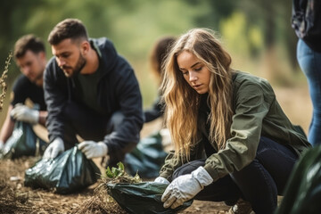Poster - Young environmentalists conducting a litter clean-up project, linking science education with community service. Generative Ai.