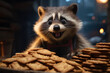 A raccoon with a mischievous grin caught in the act of stealing cookies, illustrating the humorous antics of urban scavengers. Concept of cookie bandits. Generative Ai.