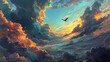Flight of Imagination:  A dreamer soaring through a surreal sky on the wings of imagination, surrounded by vibrant clouds and whimsical landscapes