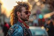 Man with clothes and hairstyle in retro 80s and 90s style, nostalgia concept. Generative AI