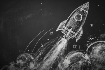 Rocket drawing with chalk on blackboard, startup and learning concept. Generative AI