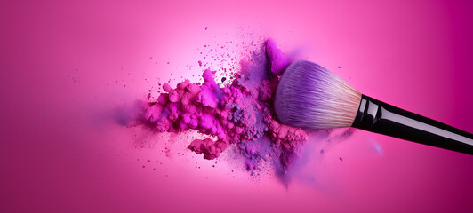 Makeup brush  in purple and pink powder exploding with pink background