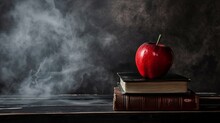 A Red Apple Sitting On Top Of A Stack Of Books On Top Of A Black Table Next To A Gray Wall With Smoke Coming Out Of The Back Of It