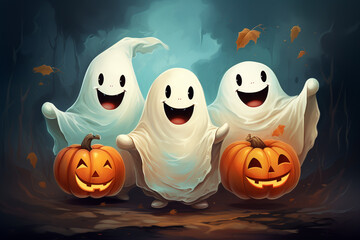 Wall Mural - Cute funny happy fantasy smiling animated ghosts. disembodied and otherworldly beings, fear, world of living and dead, legends and mysteries, remnants of departed souls, pumpkin autumn.