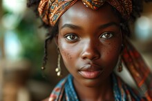 Beautiful African Girl With National Traditional Hairstyle, Young Woman From The South, Close-up Portrait Of Beautiful Eyes, Jewelry Earrings
