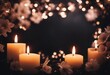 Burning candles and flowers on black background with space for text Funeral concept