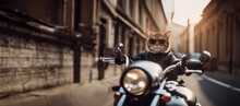 Cat Biker Rides A Motorcycle In A Sunny City, Cat Motorcyclist