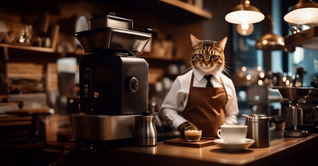 cat barista in a coffee shop in a barista uniform, concept of work in a cafe coffee shop restaurant.