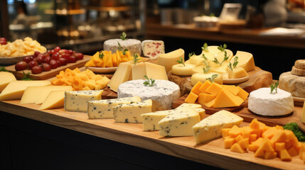 Wall Mural - showcase with different cheeses, Maasdam, Camembert, Parmesan, ricotta, Brie, Dor Blue, Gouda, Feta, Swiss, shop, restaurant, cheese factory, cheddar, dairy products