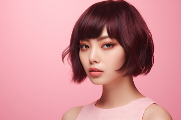 Wall Mural - Portrait of beautiful Japanese women with short haircut on the soft pink background