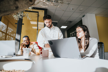 Business team brainstorming ideas for business expansion, discussing marketing strategy, financial planning, and revenue growth in a productive workplace.