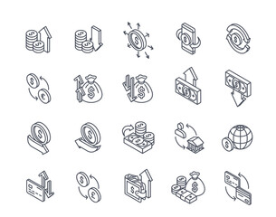 Poster - set of money flow related line icons. currency exchange, income growth, investing, payment for purch