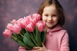 © Лена Шевчук - A girl smiling and holding a bouquet of pink tulips. The concept of March 8. Women's Day