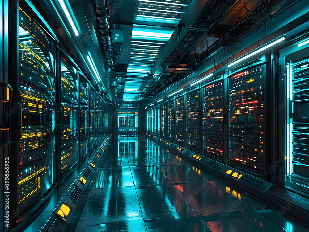 Futuristic Data Center Corridor with Illuminated Servers: Power of ...