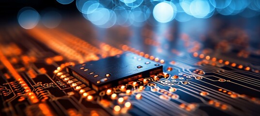 Wall Mural - Close up of computer chip with intricate circuitry and glowing components on dreamy bokeh background