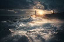 Storm Waves Crashing On Rocky Coastline By Hook Lighthouse, Hook Head, County Wexford, Ireland