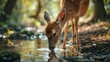 A deer is drinking water in the forest.