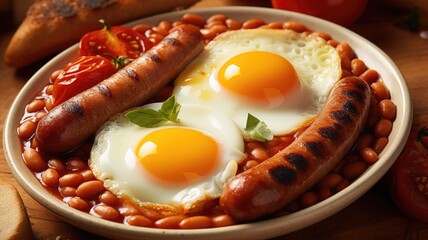 Canvas Print - Traditional English breakfast with eggs, sausages, and beans