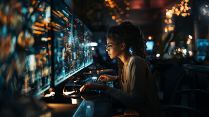 Woman programmer analyzes data in the office at night