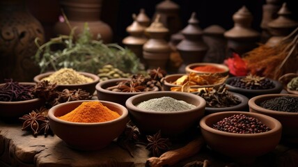 Wall Mural - Assortment of spices and herbs in earthen bowls