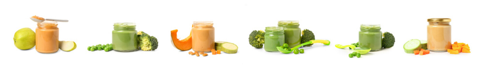 Wall Mural - Set of healthy baby food in jars on white background
