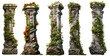 An antique column set with overgrown foliage and flowers, old architecture pillars, and nature, Mideveil and Asian ruins style , isolated on a transparent background, PNG
