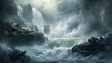 Fototapeta  - A raging river crashing against the rocks, the power of the water creating a thunderous roar