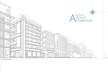 Aufkleber - 3D illustration, abstract modern urban landscape line drawing, imaginative architecture building construction perspective design.