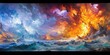 Dramatic ocean storm with fiery sunset skies painting