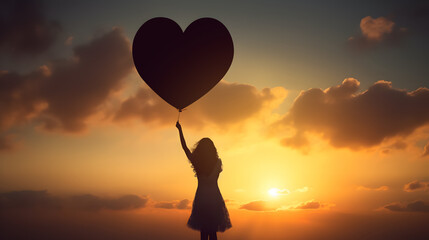 silhouette of a woman on a sunset with a heart-shaped balloon in her hands