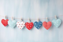 Gingham Love Red Hearts On Rustic Wood Texture Blue Background. Blue Wall With Heart Shape Garland. Valentines Day Concept With Copy Space. Greeting Card Or Banner