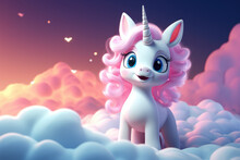 3d Cute Cartoon Glowing Unicorn, Nature Background