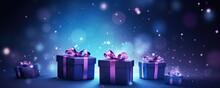 Some Stylish Purple Gift Boxes With Violet Ribbon Bow On Dark Blue Background With Lights And Sparkles. Valentine, Christmas, New Year, Birthday Or Holiday Greeting Card Or Banner With Copy Space